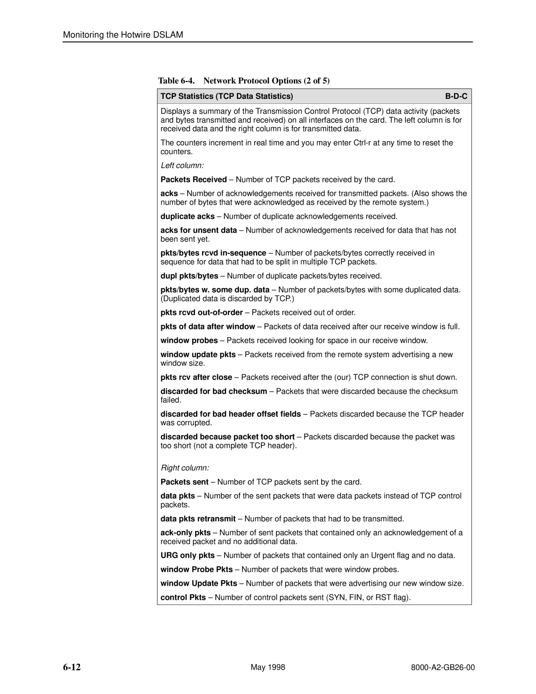 Paradyne 8310 MVL, 8510 DSL manual Network Protocol Options 2, TCP Statistics TCP Data Statistics 