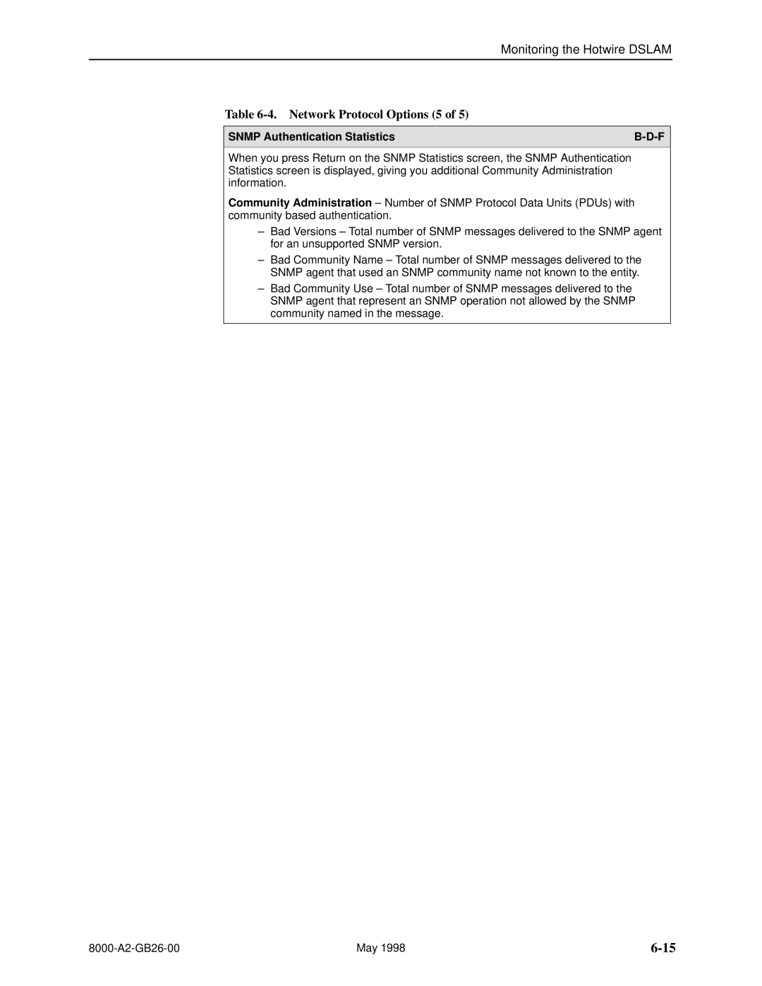 Paradyne 8510 DSL, 8310 MVL manual Network Protocol Options 5, Snmp Authentication Statistics 