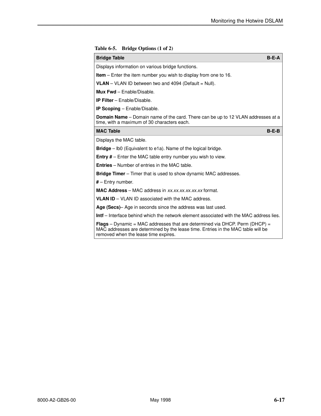 Paradyne 8510 DSL, 8310 MVL manual Bridge Table, MAC Table 