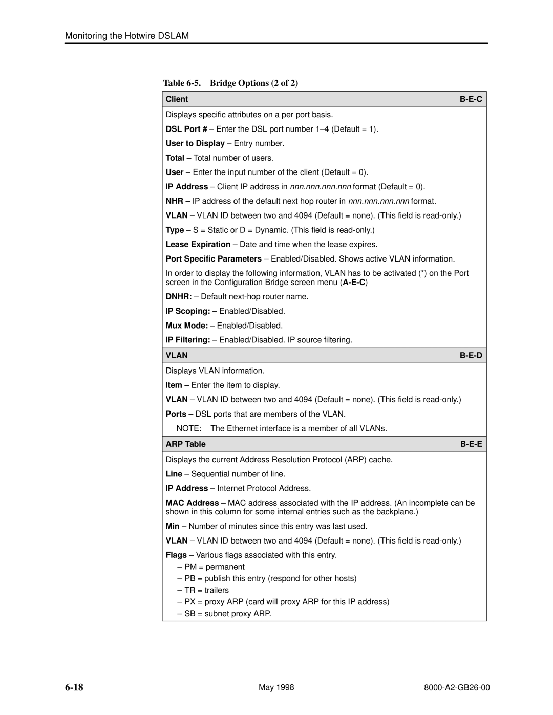 Paradyne 8310 MVL, 8510 DSL manual Client, User to Display ± Entry number, ARP Table 