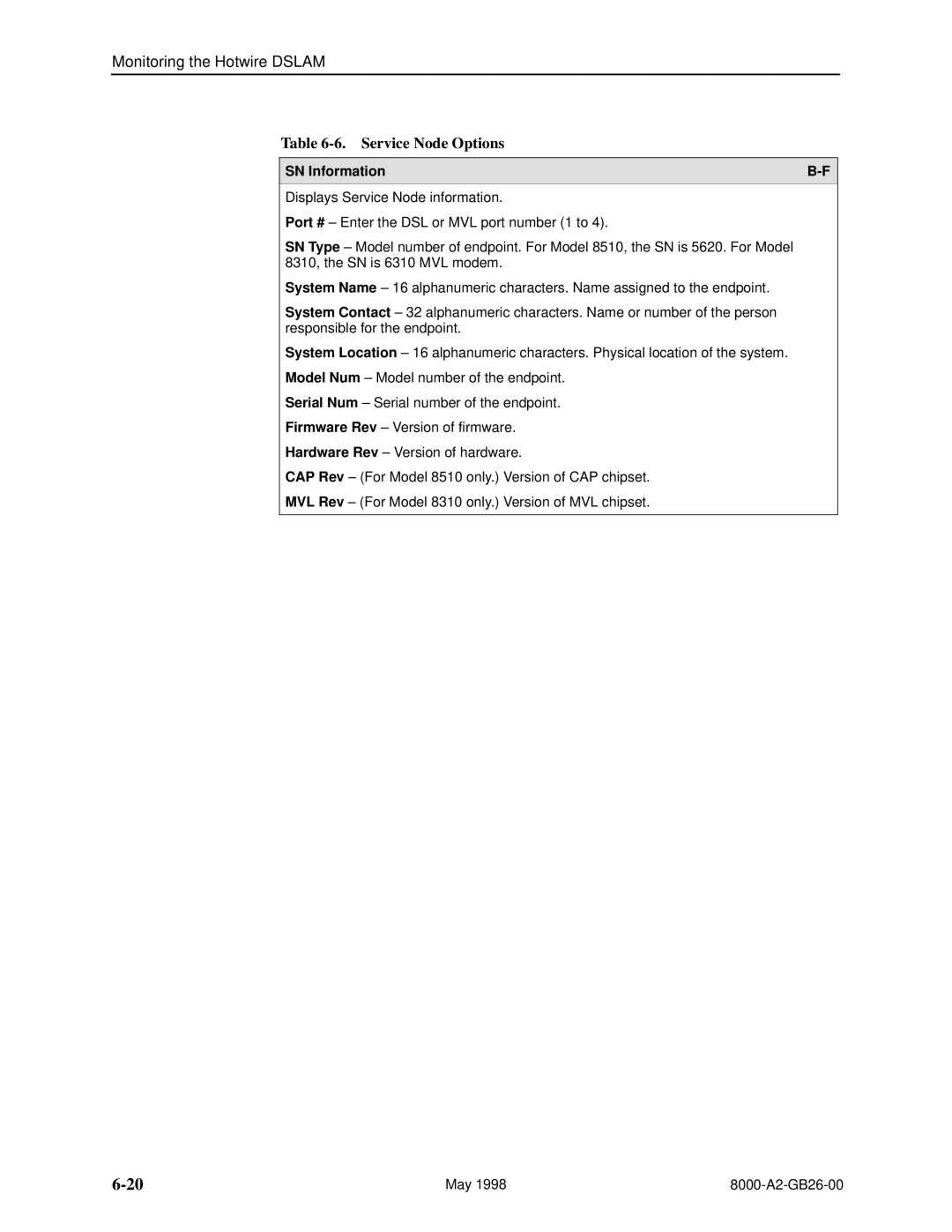 Paradyne 8310 MVL, 8510 DSL manual Service Node Options 