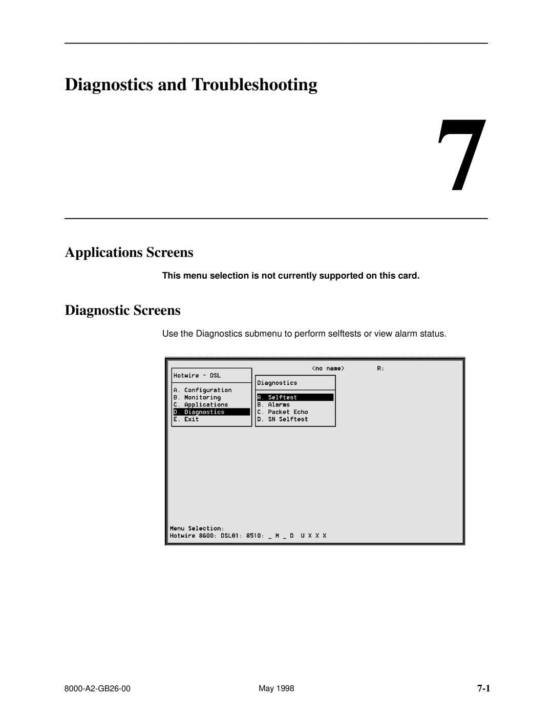 Paradyne 8510 DSL, 8310 MVL manual Diagnostics and Troubleshooting, Applications Screens, Diagnostic Screens 