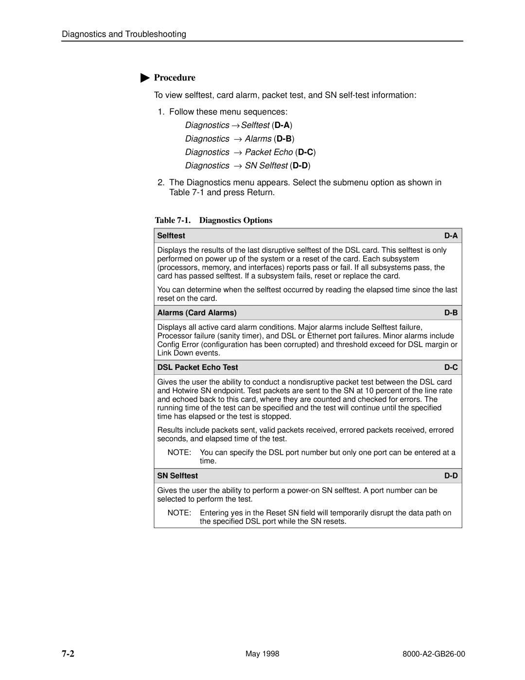 Paradyne 8310 MVL, 8510 DSL manual Diagnostics Options, Alarms Card Alarms, DSL Packet Echo Test, SN Selftest 