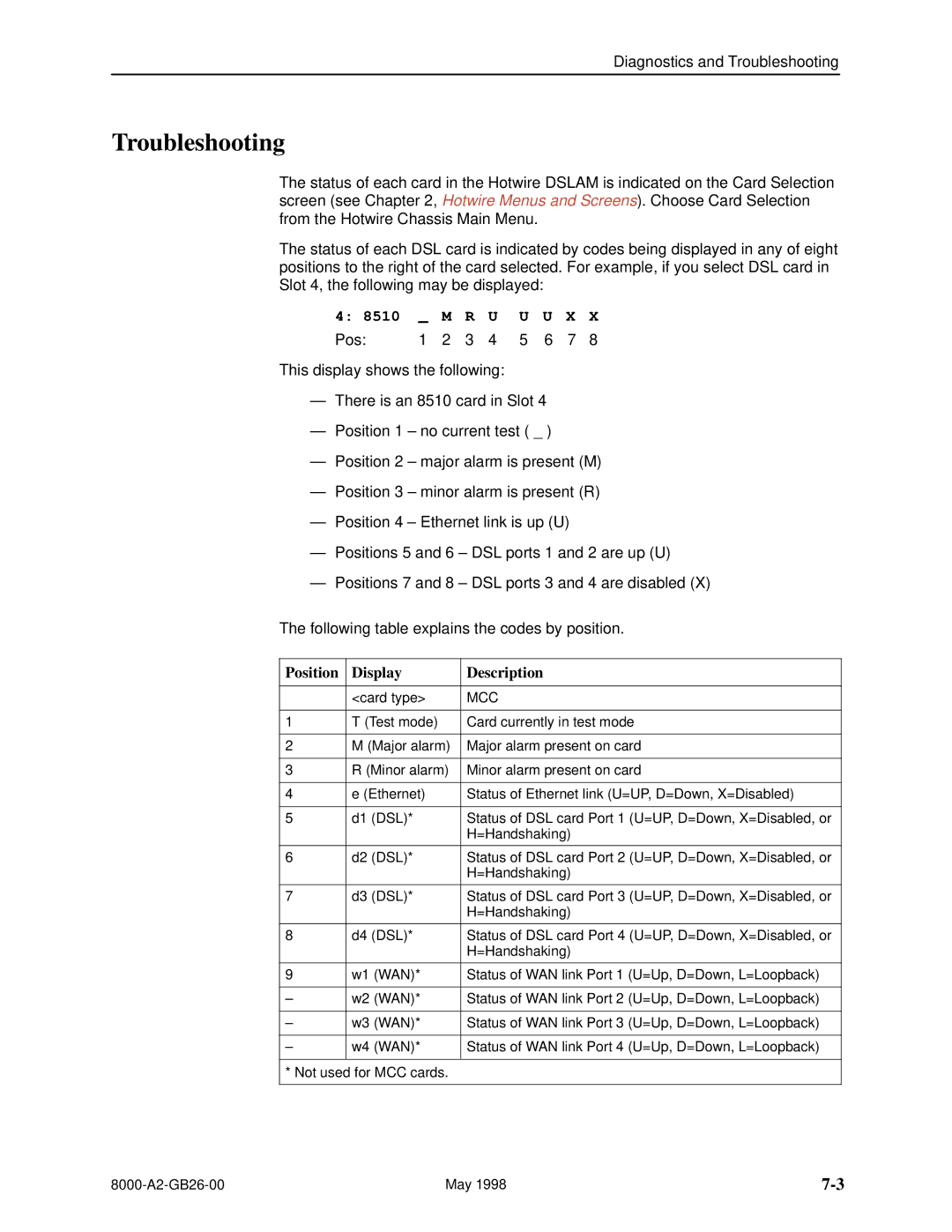 Paradyne 8510 DSL, 8310 MVL manual Troubleshooting, R U U U X 