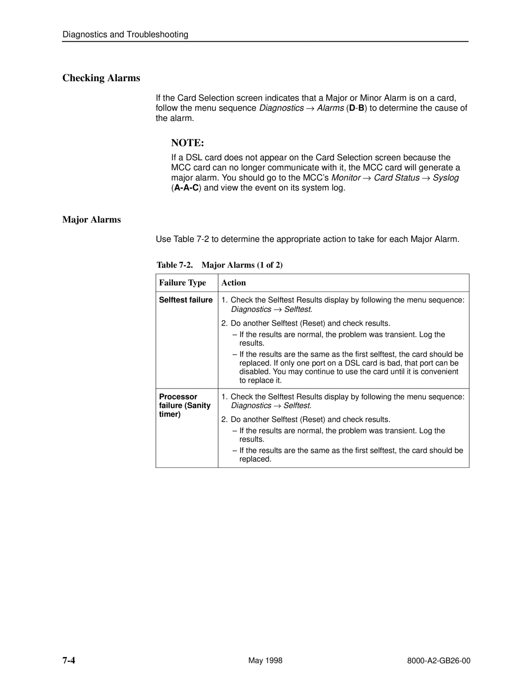 Paradyne 8310 MVL, 8510 DSL manual Checking Alarms, Major Alarms 1 Failure Type Action 