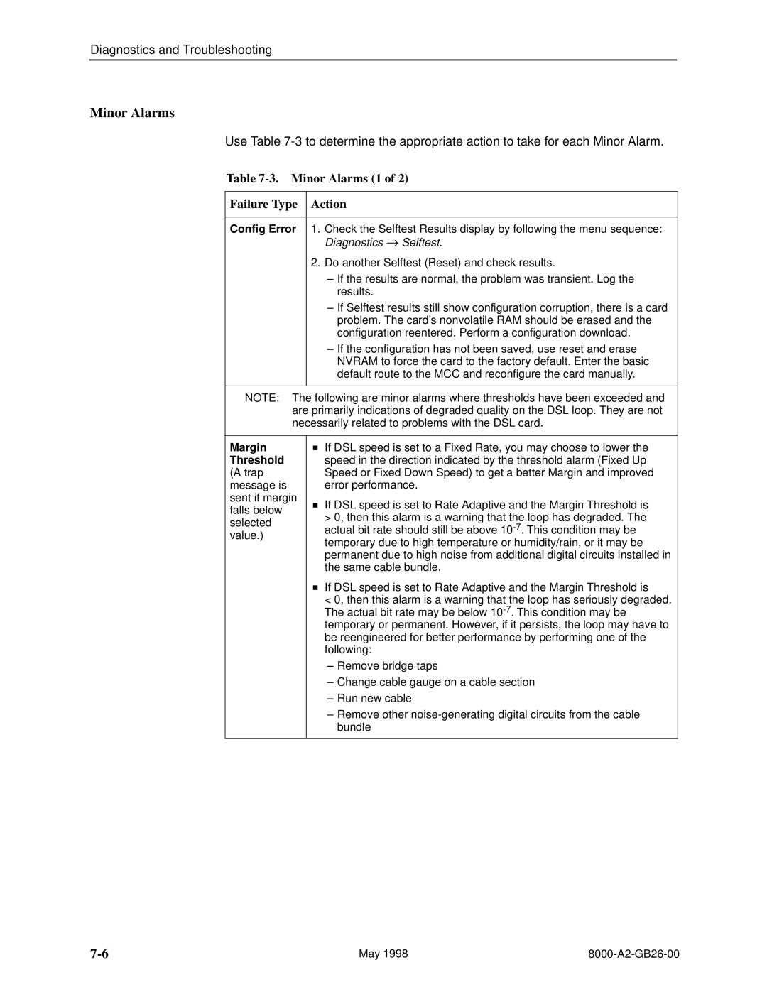 Paradyne 8310 MVL, 8510 DSL manual Minor Alarms 1 Failure Type Action, Margin, Threshold 