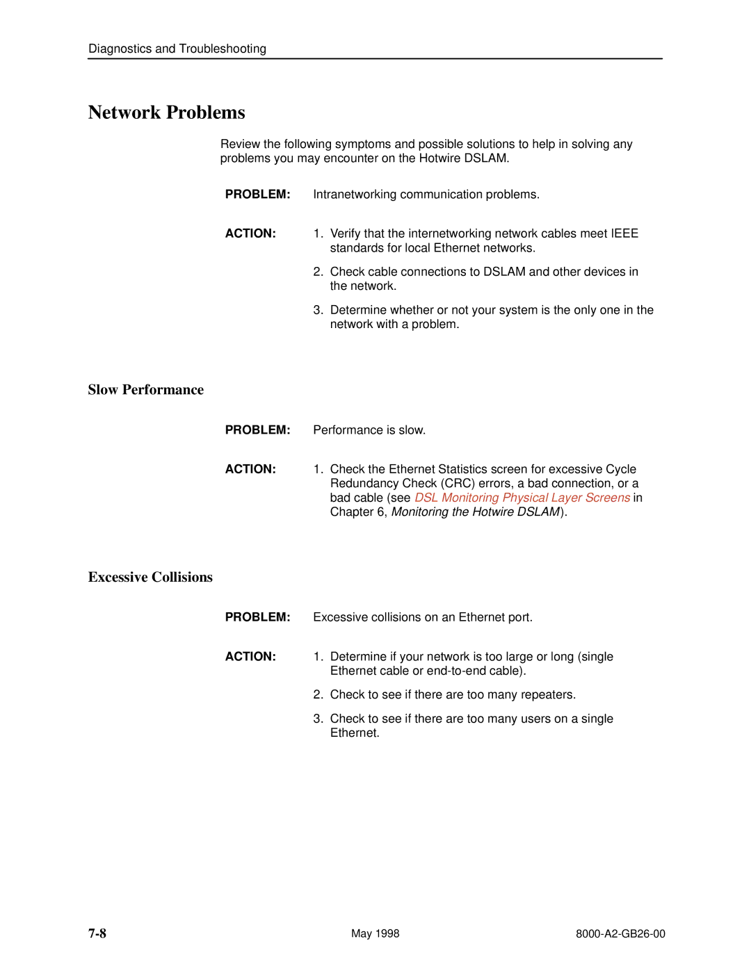 Paradyne 8310 MVL, 8510 DSL manual Network Problems, Slow Performance, Excessive Collisions 