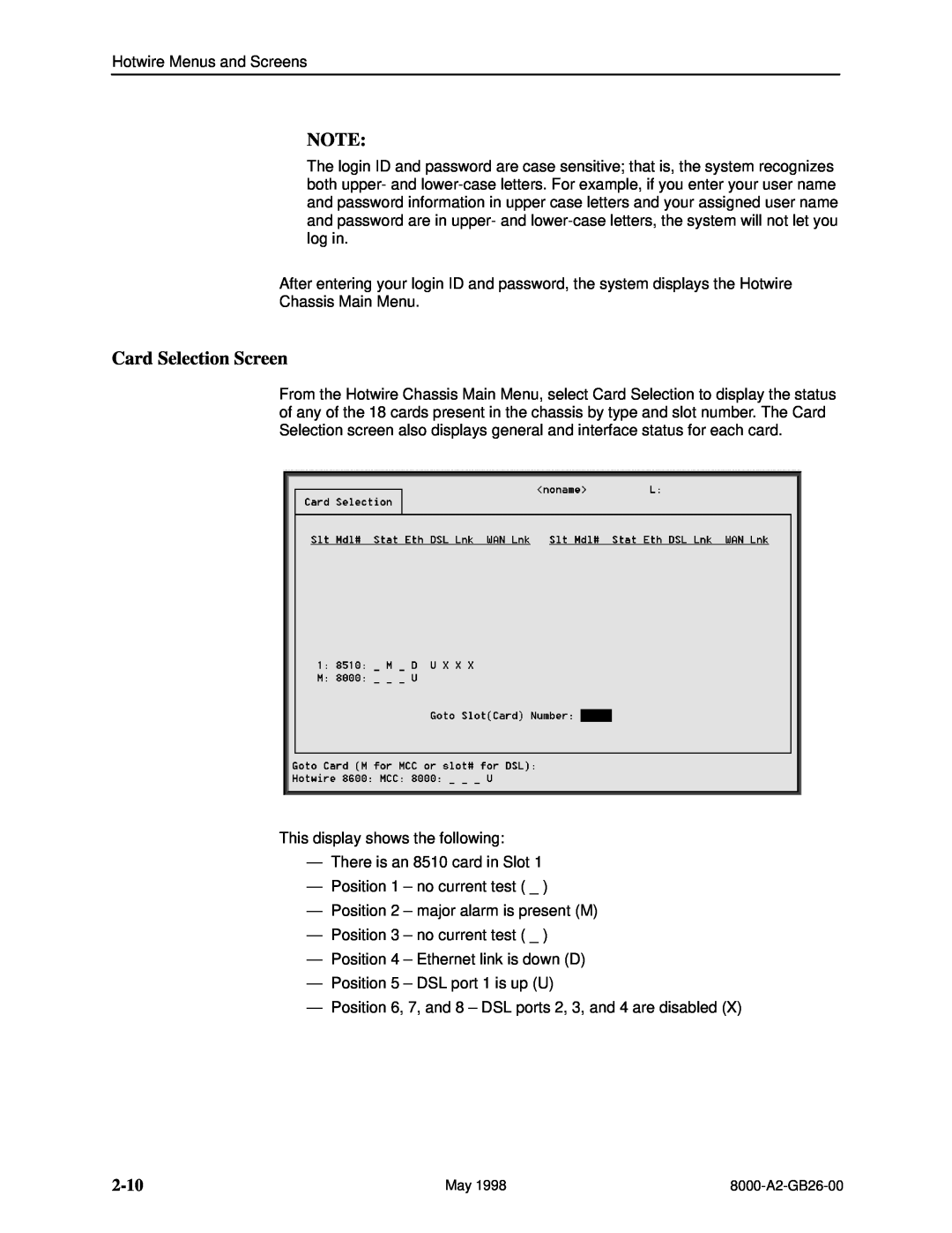 Paradyne 8310 MVL, 8510 DSL manual Card Selection Screen, 2-10 