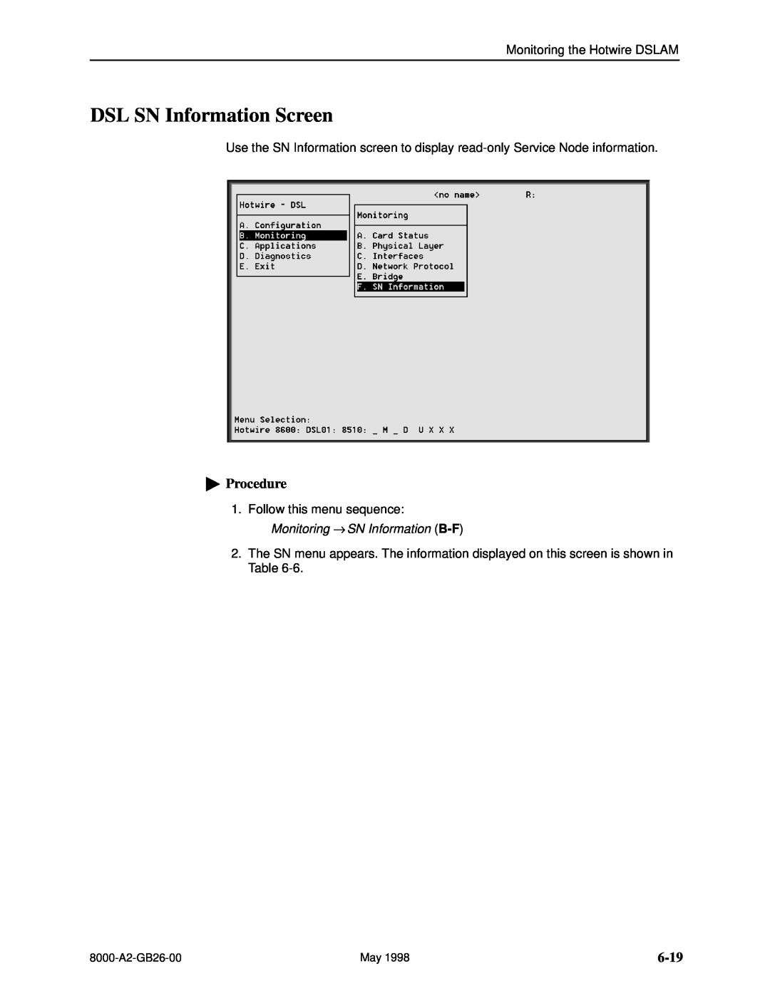 Paradyne 8510 DSL, 8310 MVL manual DSL SN Information Screen, 6-19, Procedure 