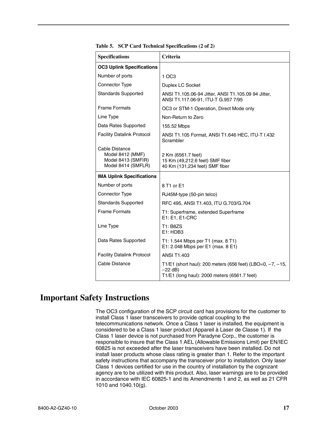 Paradyne 8415-A1-000, 8412-A1-000, 8414-A1-000 Important Safety Instructions, SCP Card Technical Specifications 2 Criteria 