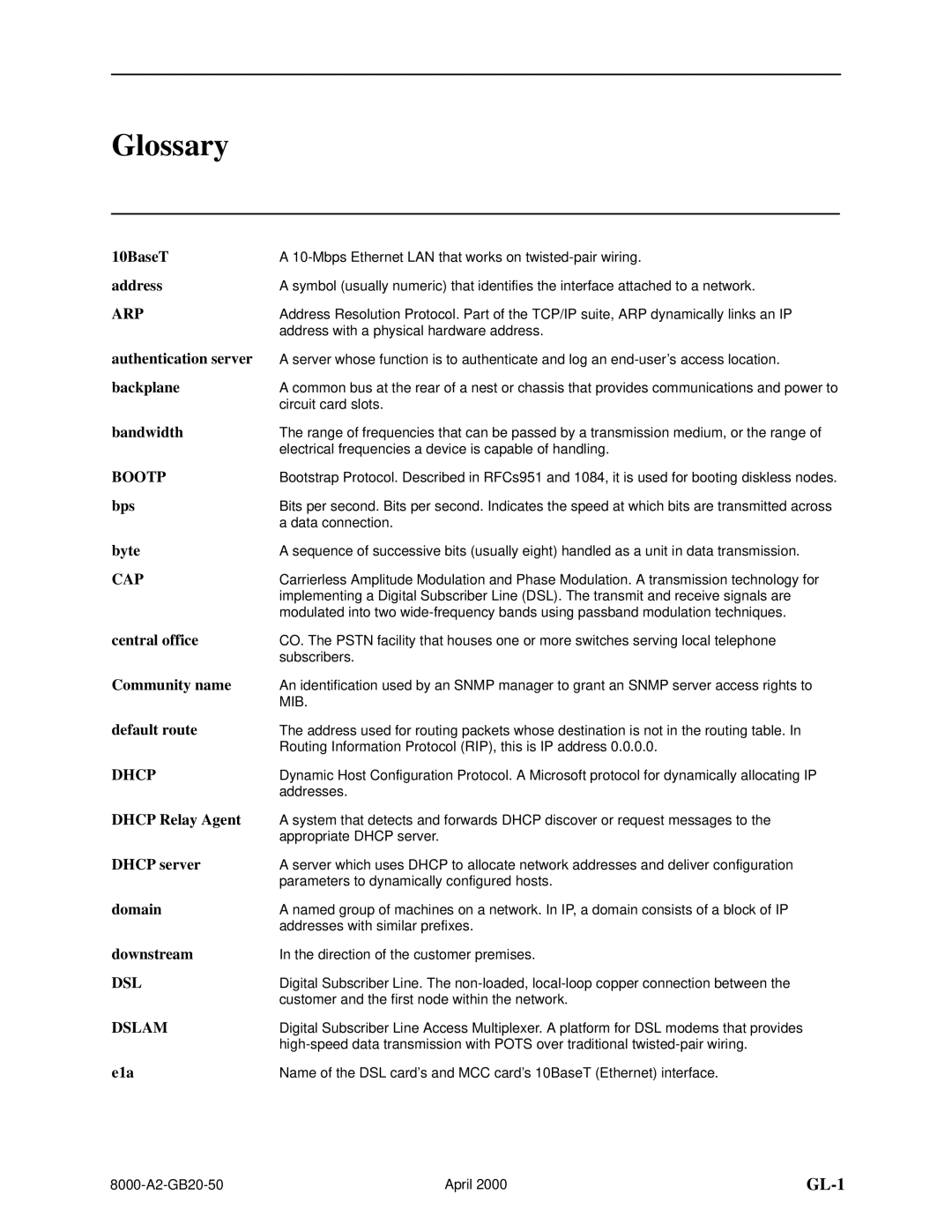 Paradyne 8540, 8546 manual Glossary 