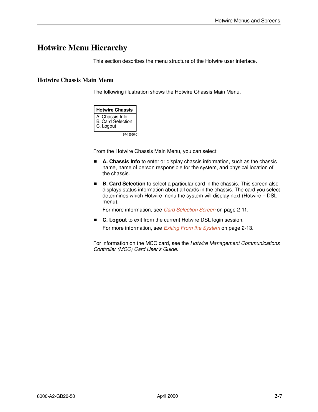 Paradyne 8540, 8546 manual Hotwire Menu Hierarchy, Hotwire Chassis Main Menu 