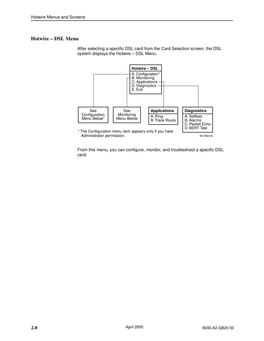 Paradyne 8546, 8540 manual Hotwire DSL Menu, Applications, Diagnostics 