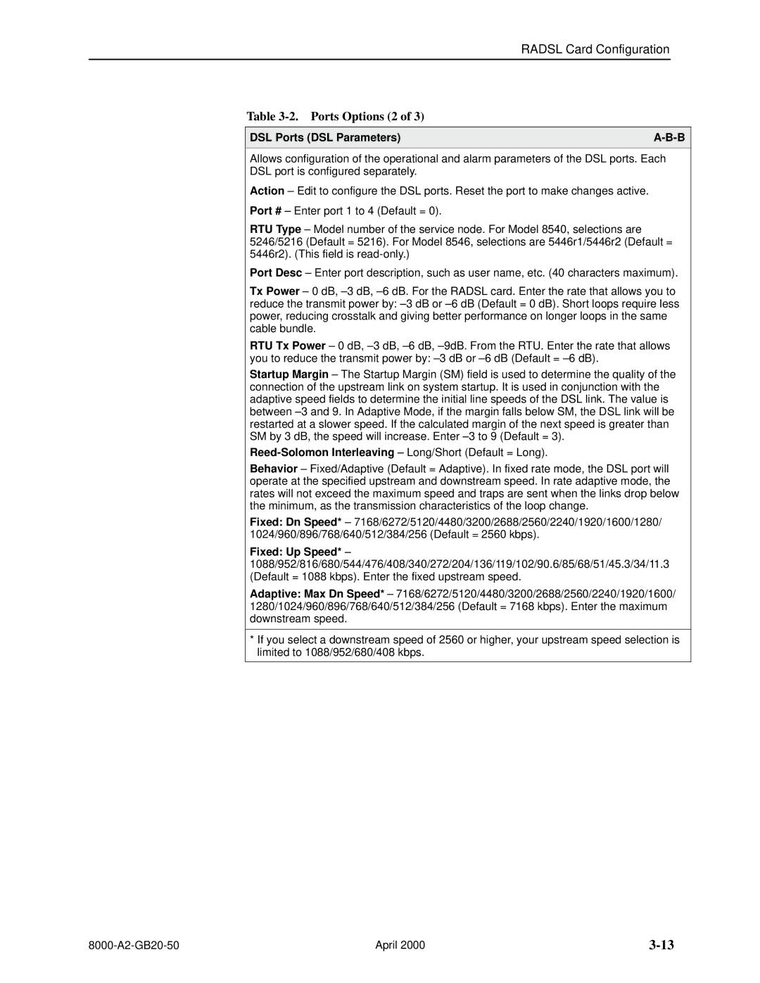 Paradyne 8540, 8546 manual Ports Options 2, DSL Ports DSL Parameters 