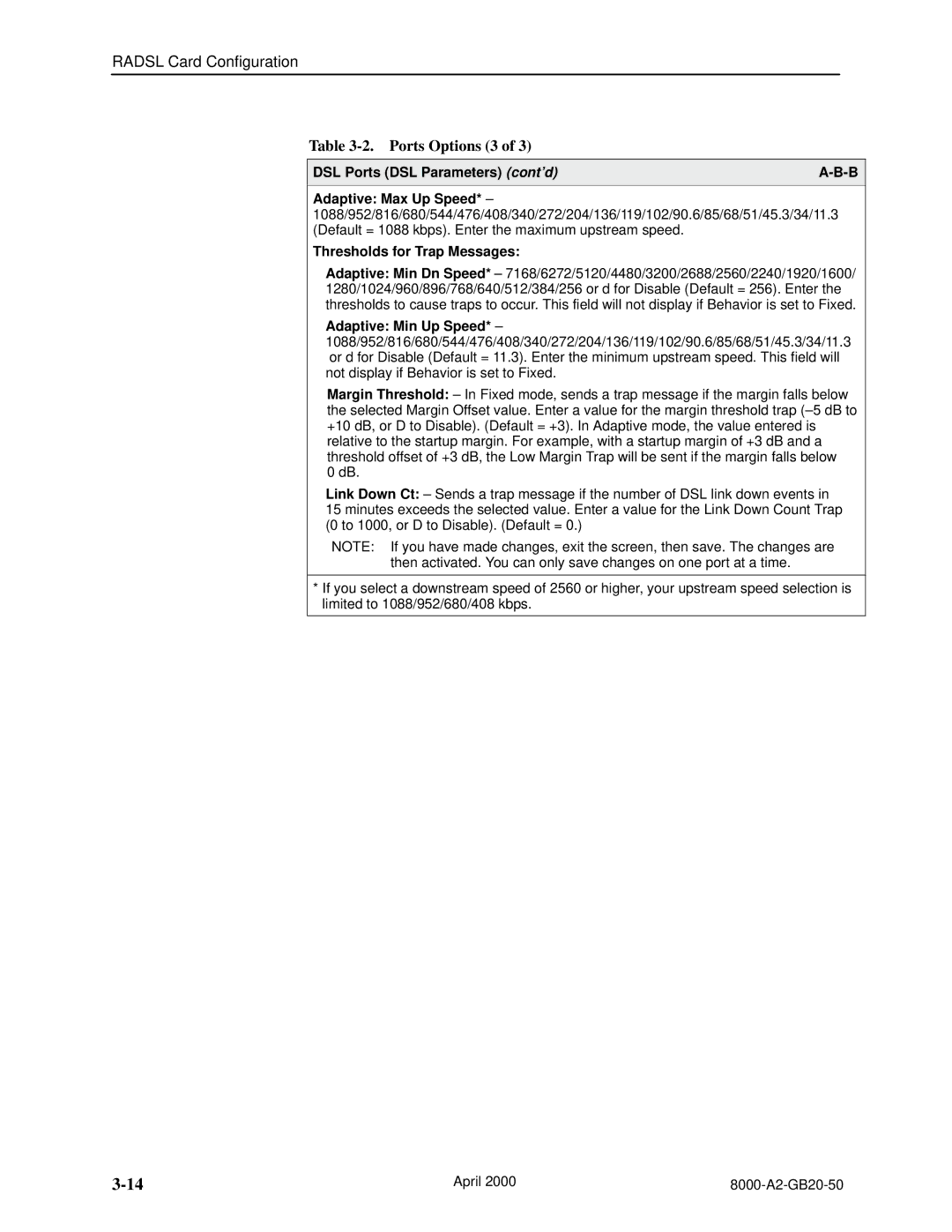 Paradyne 8546, 8540 manual Ports Options 3, DSL Ports DSL Parameters cont’d, Thresholds for Trap Messages 