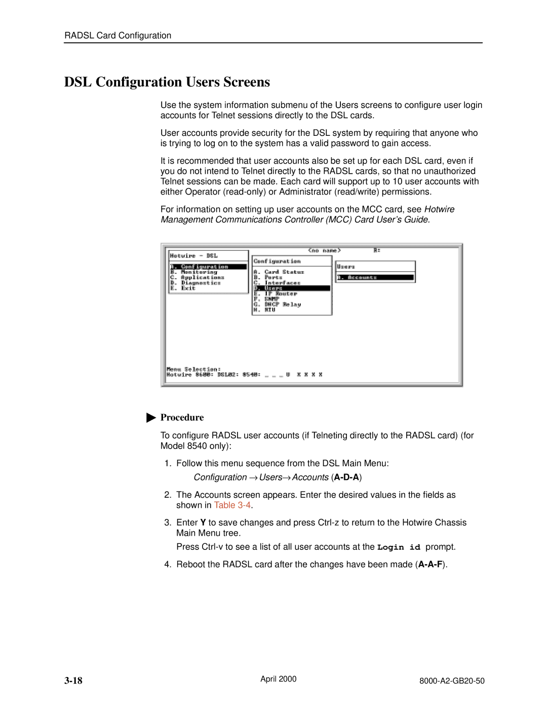 Paradyne 8546, 8540 manual DSL Configuration Users Screens 