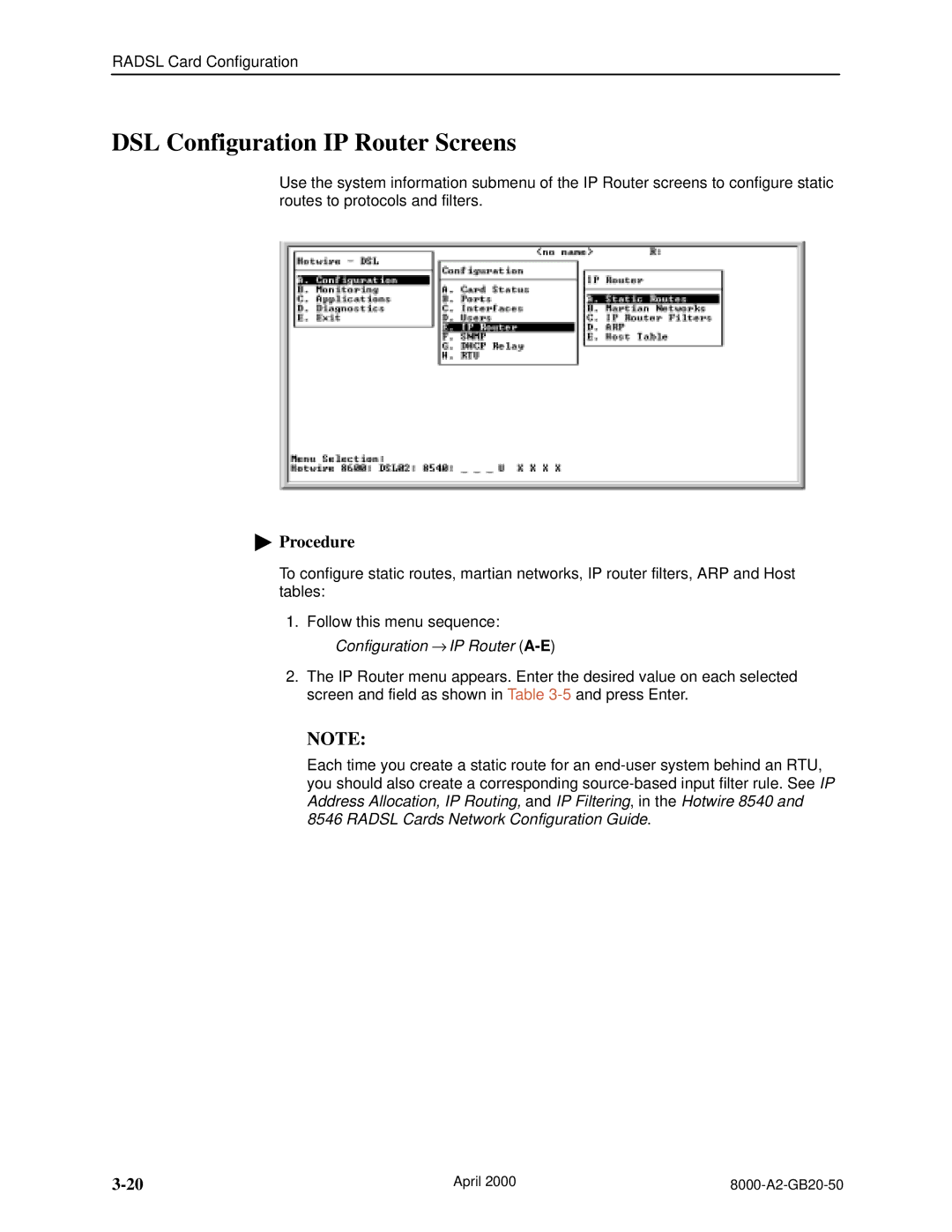 Paradyne 8546, 8540 manual DSL Configuration IP Router Screens 