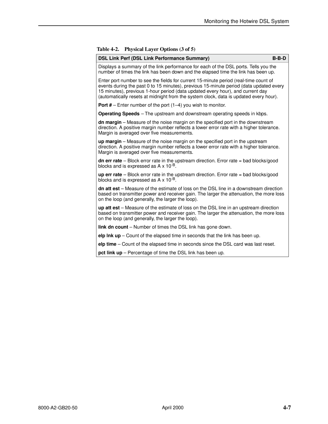 Paradyne 8540, 8546 manual Physical Layer Options 3, DSL Link Perf DSL Link Performance Summary 