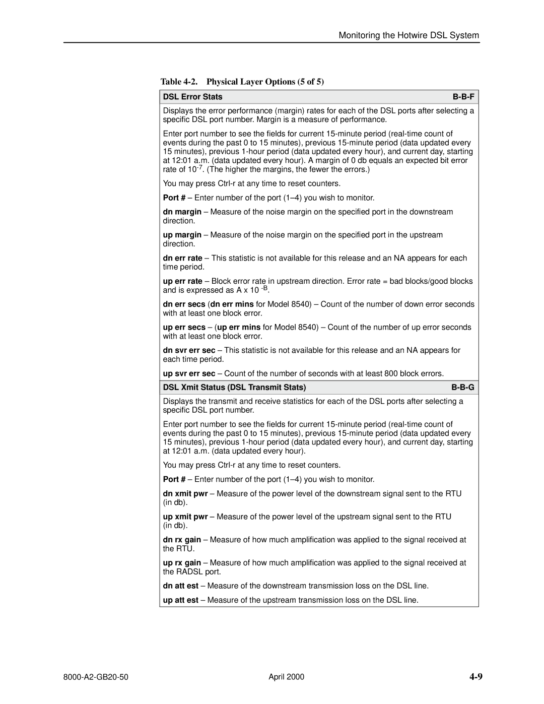 Paradyne 8540, 8546 manual Physical Layer Options 5, DSL Error Stats, DSL Xmit Status DSL Transmit Stats 