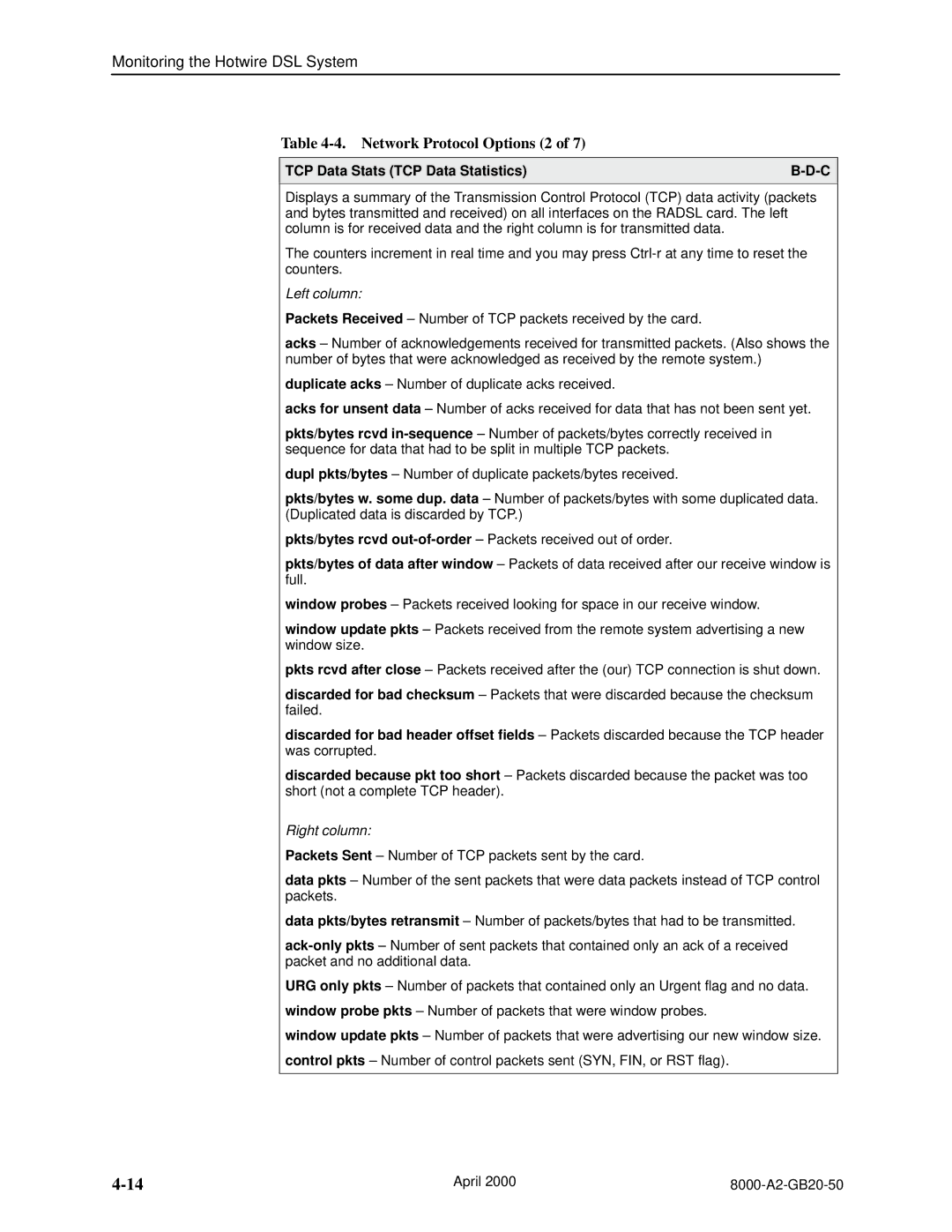 Paradyne 8546, 8540 manual Network Protocol Options 2, TCP Data Stats TCP Data Statistics 