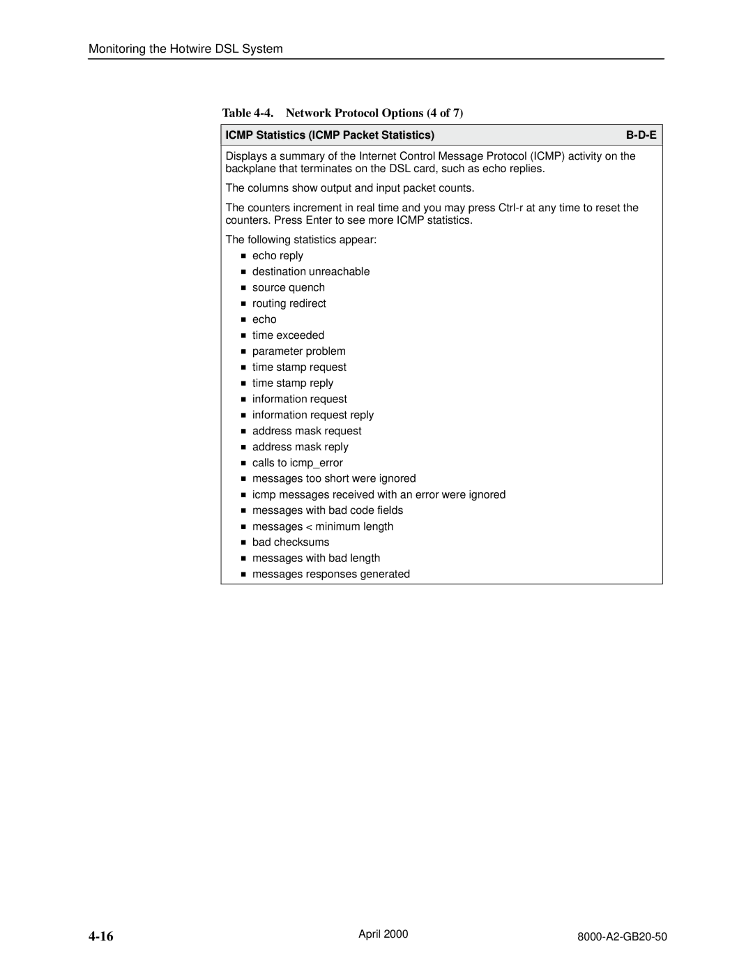 Paradyne 8546, 8540 manual Network Protocol Options 4, Icmp Statistics Icmp Packet Statistics 