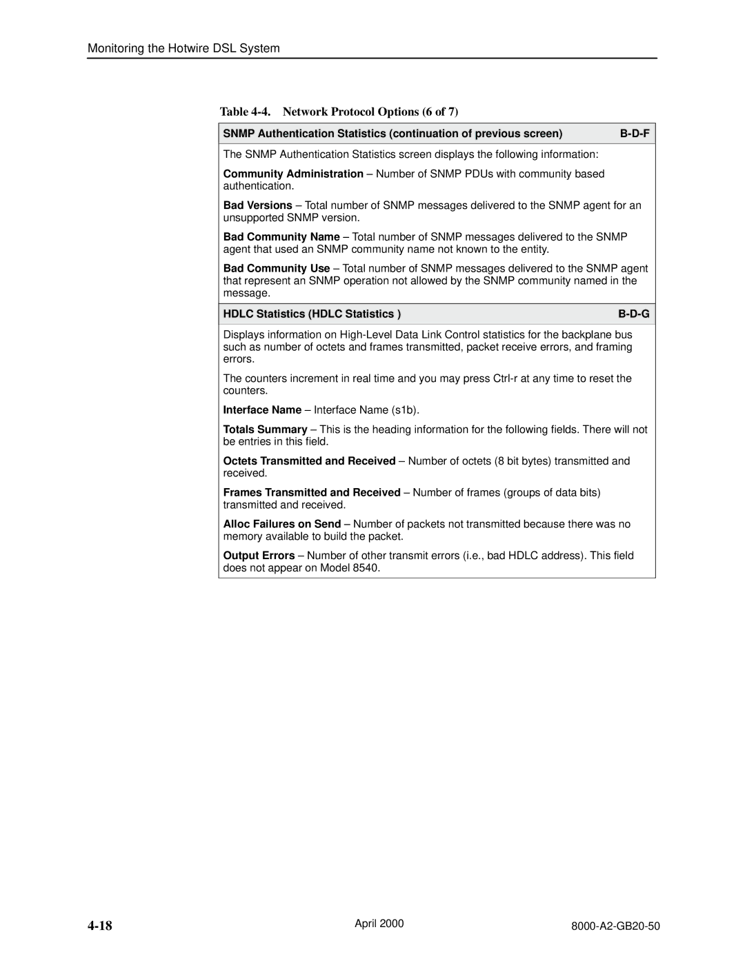 Paradyne 8546, 8540 manual Network Protocol Options 6, Hdlc Statistics Hdlc Statistics 