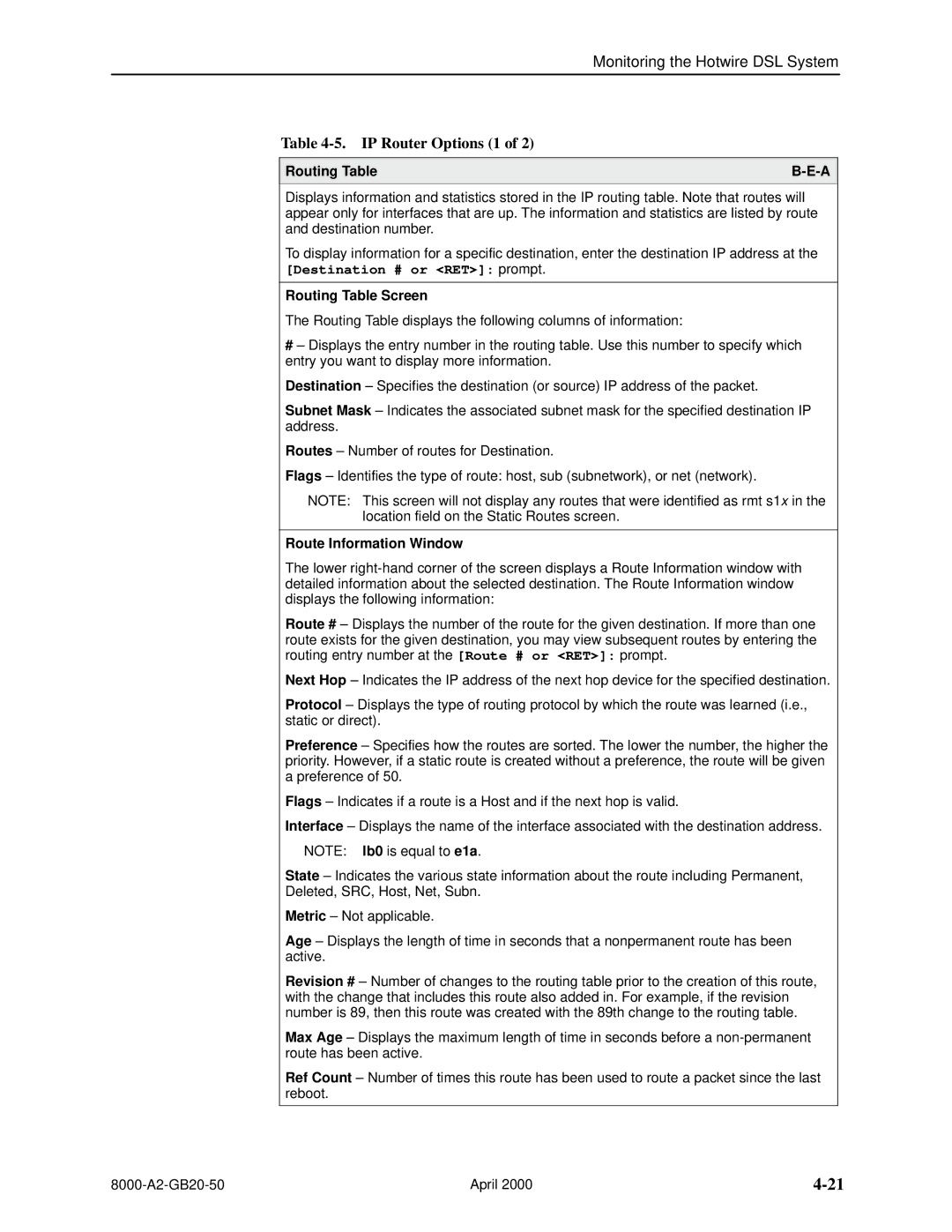 Paradyne 8540, 8546 manual Routing Table Screen, Route Information Window 