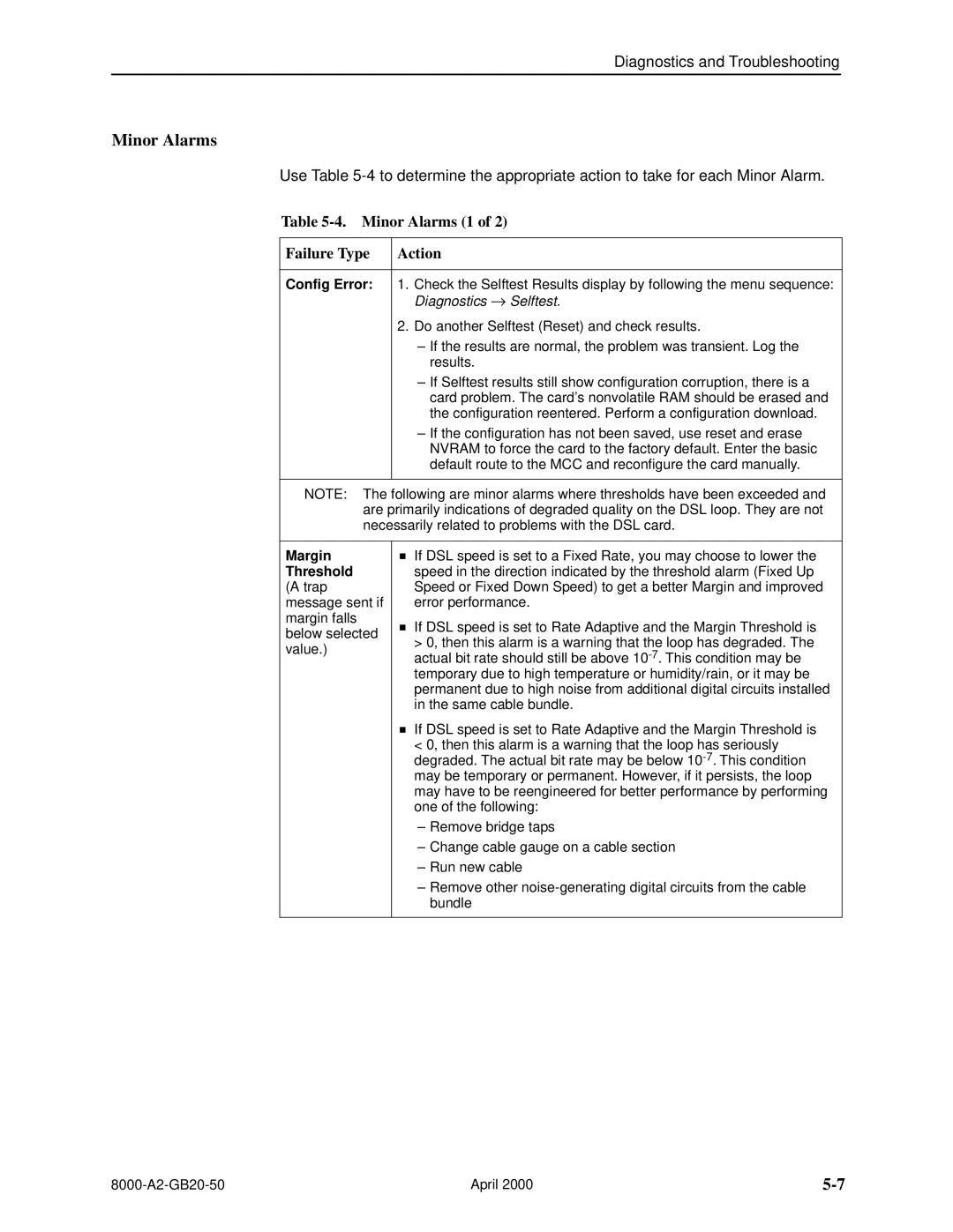 Paradyne 8540, 8546 manual Minor Alarms 1 Failure Type Action, Margin, Threshold 