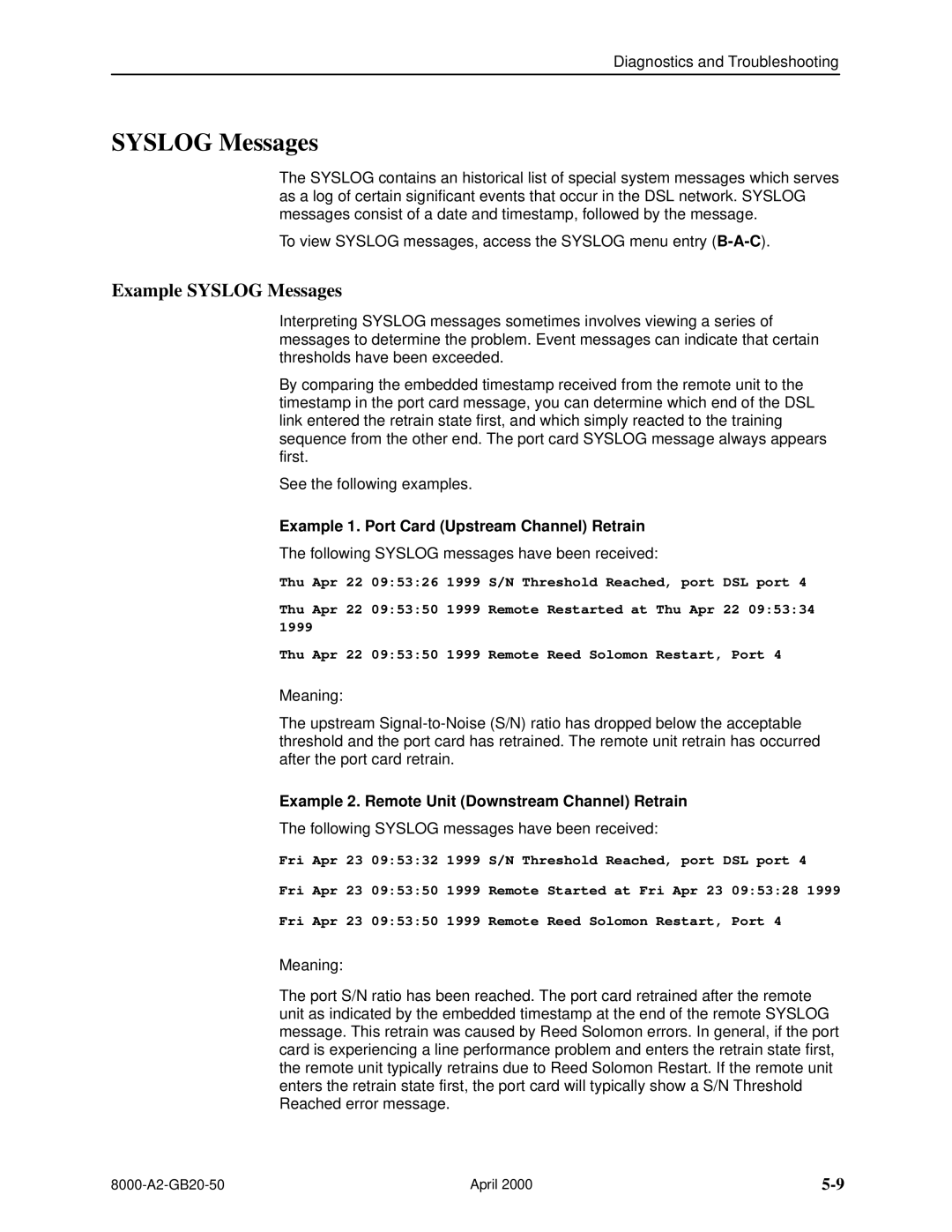 Paradyne 8540, 8546 manual Example Syslog Messages 