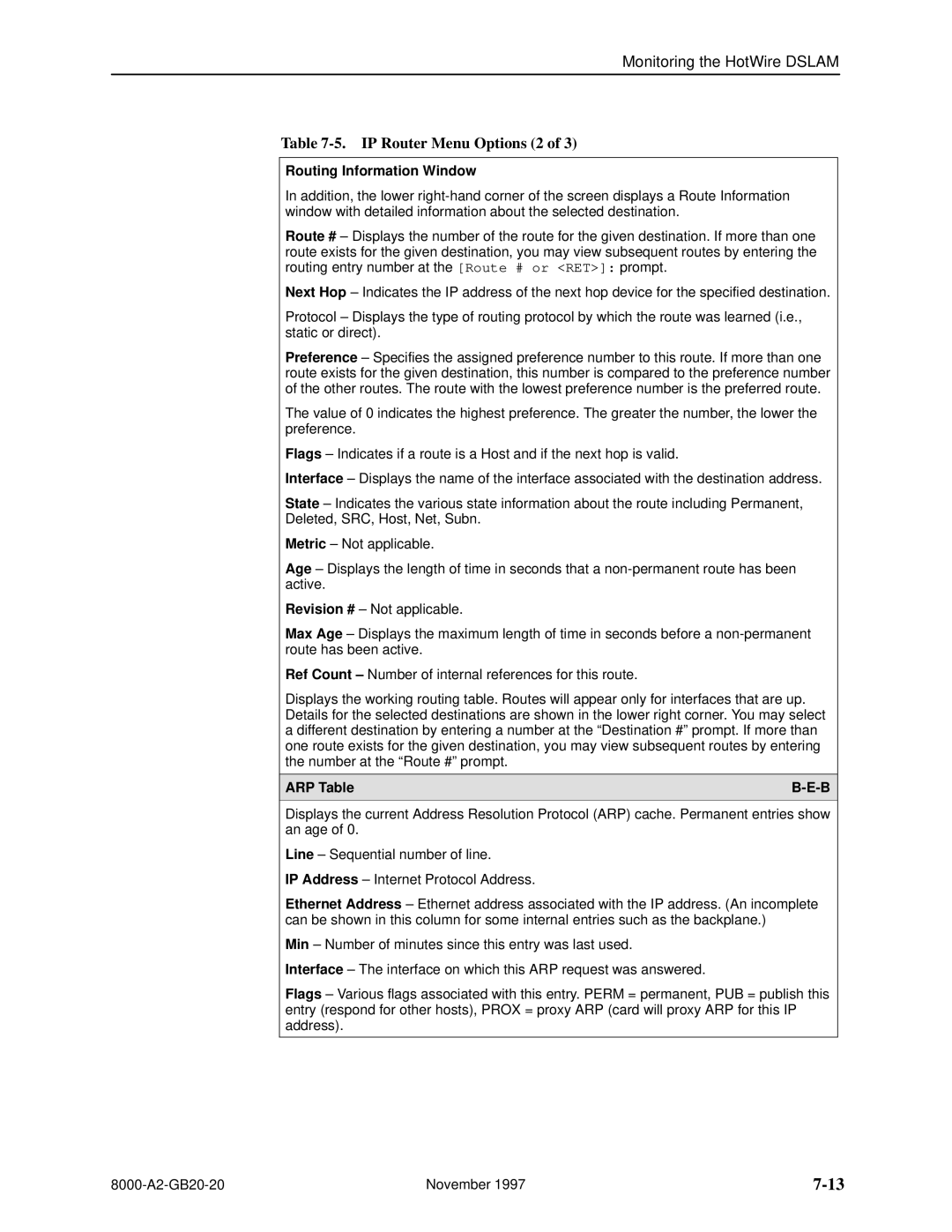 Paradyne 8540, 8546 manual Routing Information Window, ARP Table 