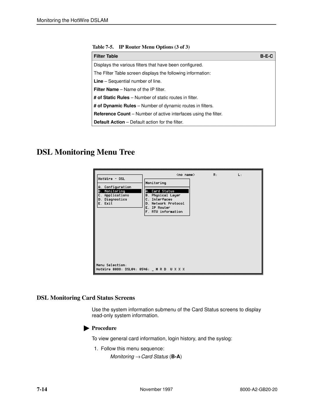 Paradyne 8546, 8540 manual DSL Monitoring Menu Tree, DSL Monitoring Card Status Screens 