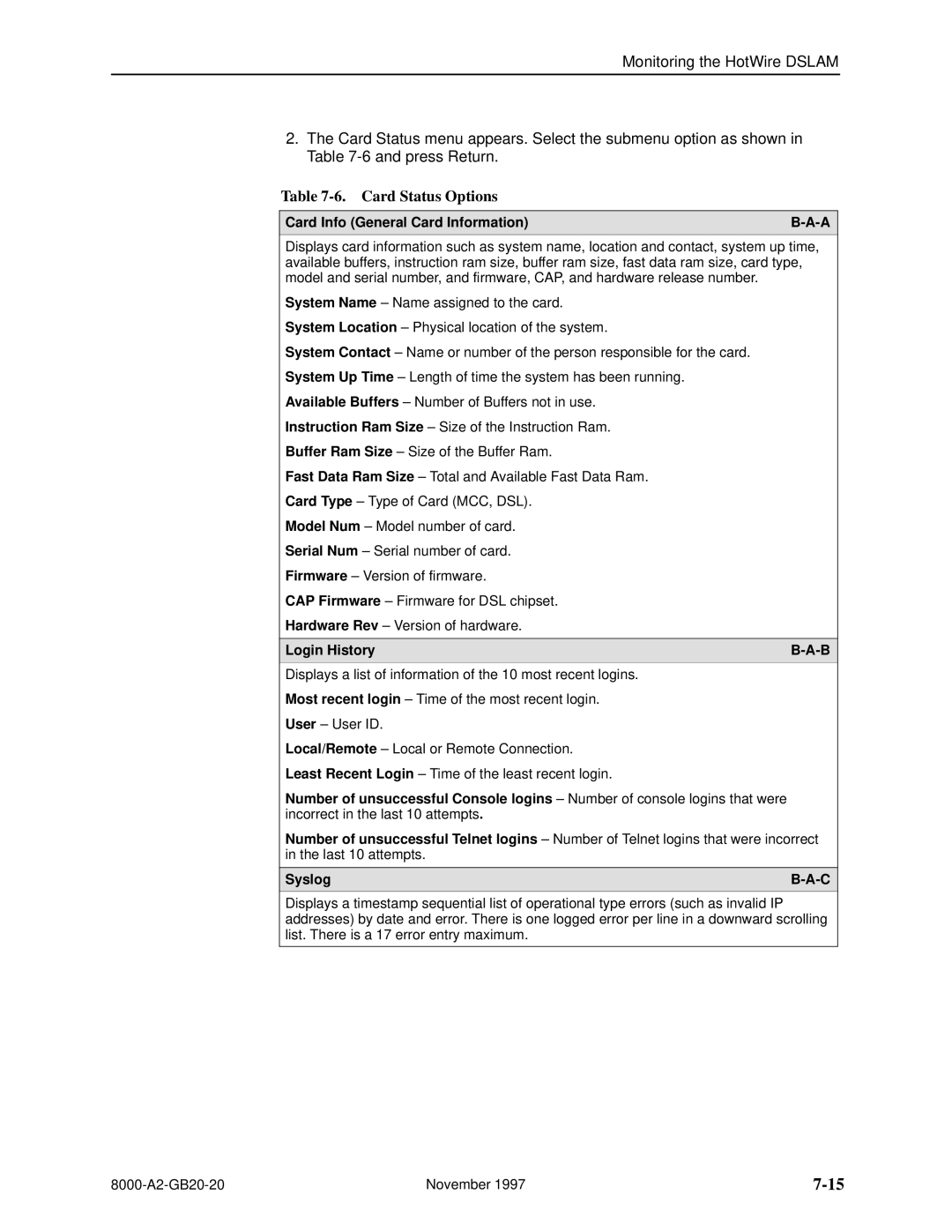 Paradyne 8540, 8546 manual Card Status Options, Card Info General Card Information 