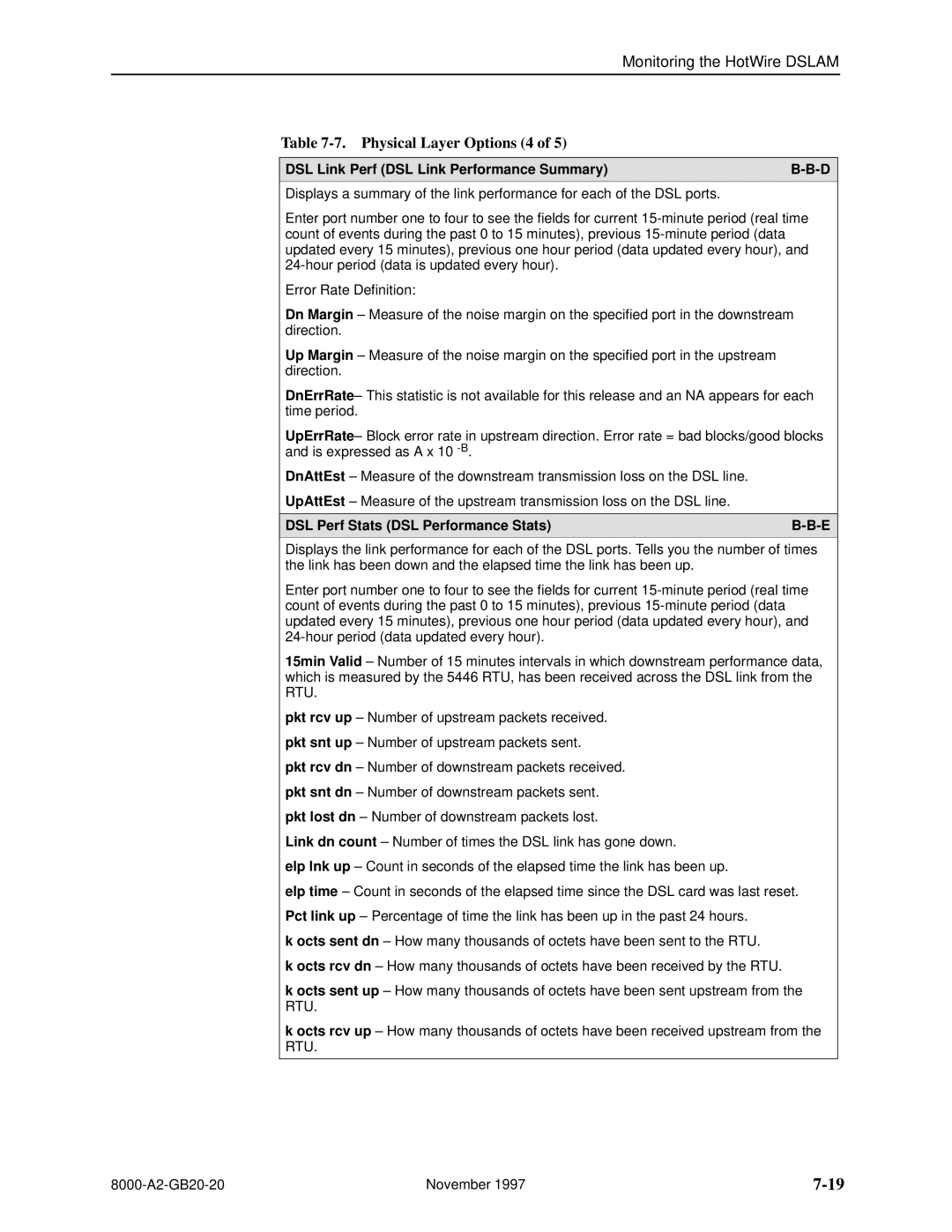 Paradyne 8540 Physical Layer Options 4, DSL Link Perf DSL Link Performance Summary, DSL Perf Stats DSL Performance Stats 