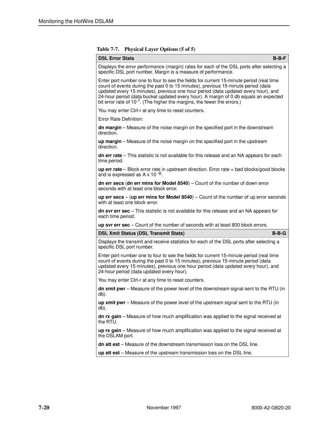 Paradyne 8546, 8540 manual Physical Layer Options 5, DSL Error Stats, DSL Xmit Status DSL Transmit Stats 