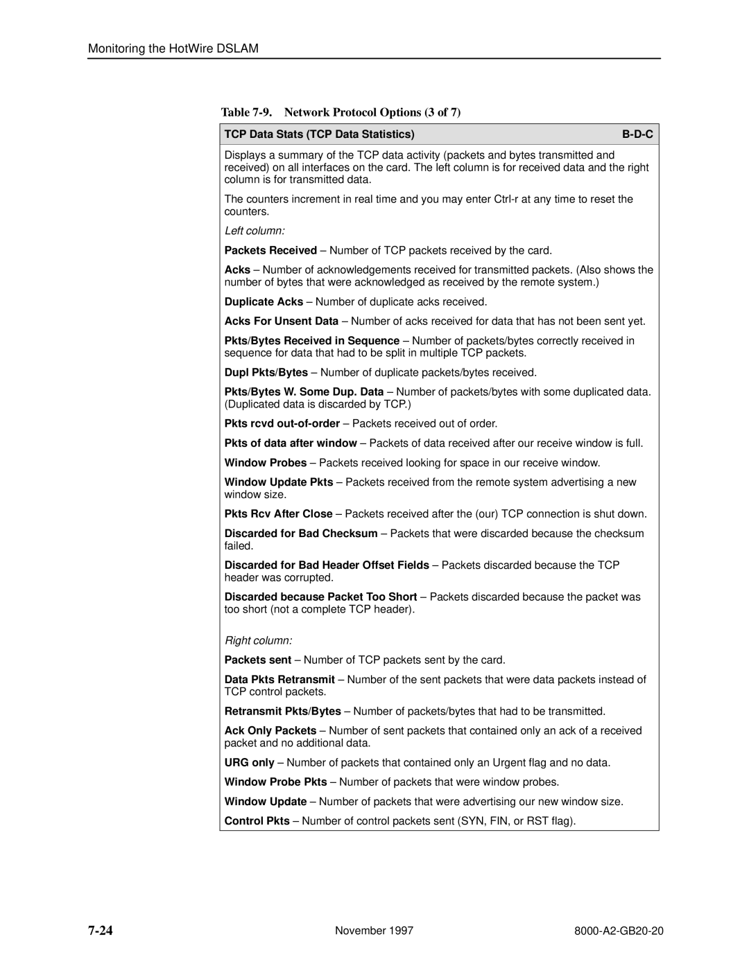 Paradyne 8546, 8540 manual Network Protocol Options 3, TCP Data Stats TCP Data Statistics 