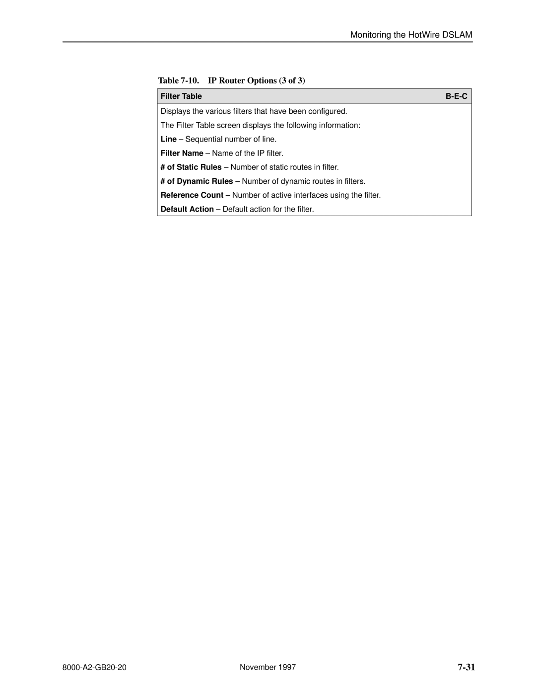 Paradyne 8540, 8546 manual IP Router Options 3, Filter Table 