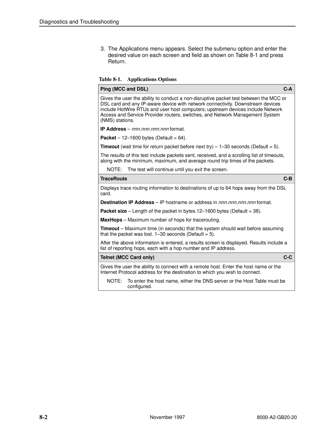 Paradyne 8546, 8540 manual Applications Options, Ping MCC and DSL, TraceRoute, Telnet MCC Card only 