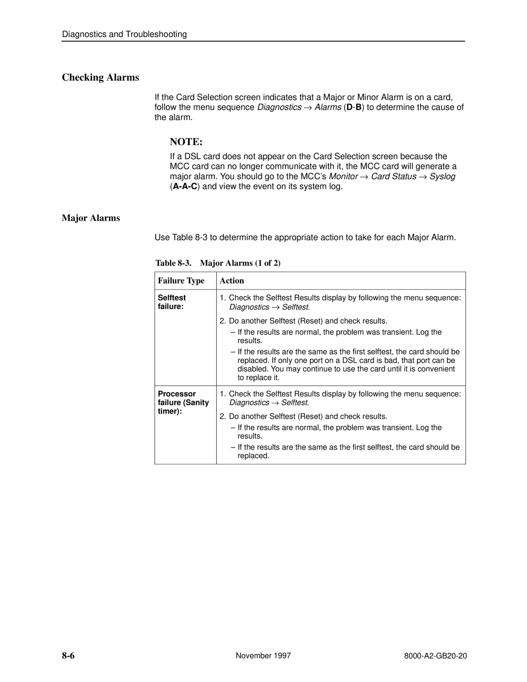 Paradyne 8546, 8540 manual Checking Alarms, Major Alarms 1 Failure Type Action 