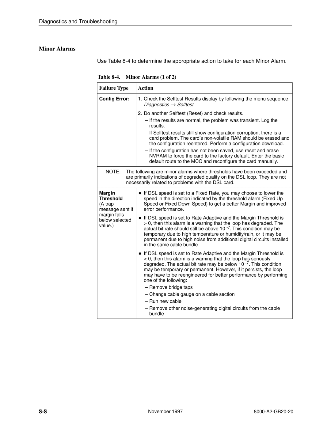 Paradyne 8546, 8540 manual Minor Alarms 1 Failure Type Action, Margin, Threshold 