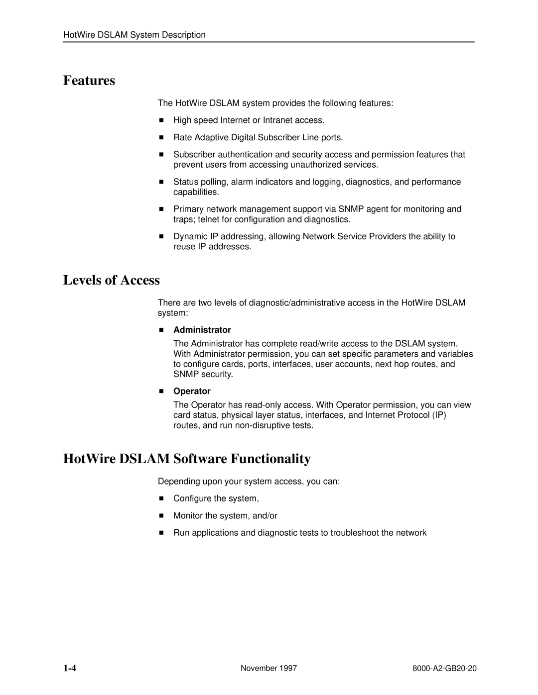 Paradyne 8546, 8540 manual Features, Levels of Access, HotWire Dslam Software Functionality 