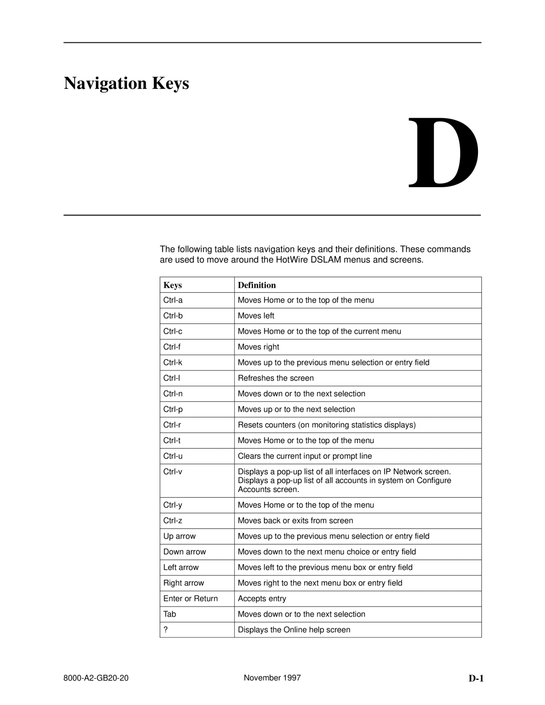 Paradyne 8540, 8546 manual Navigation Keys, Keys Definition 