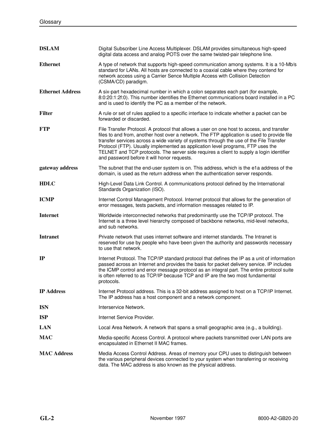 Paradyne 8546, 8540 manual Ethernet Address, Filter, Gateway address, Internet, Intranet, IP Address, MAC Address 