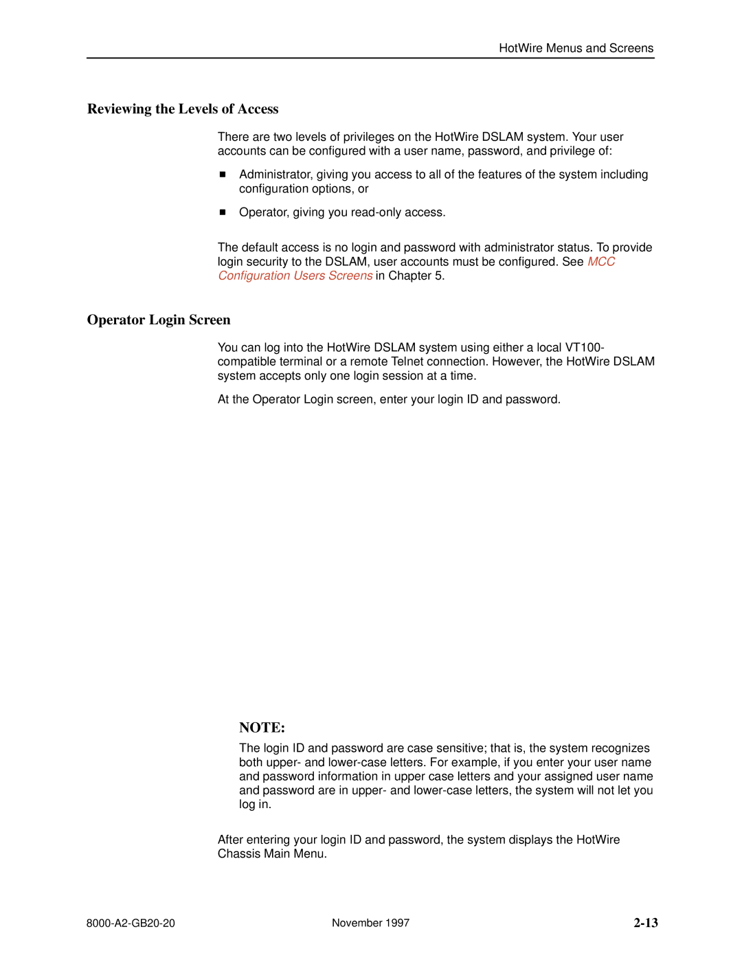 Paradyne 8540, 8546 manual Reviewing the Levels of Access, Operator Login Screen 