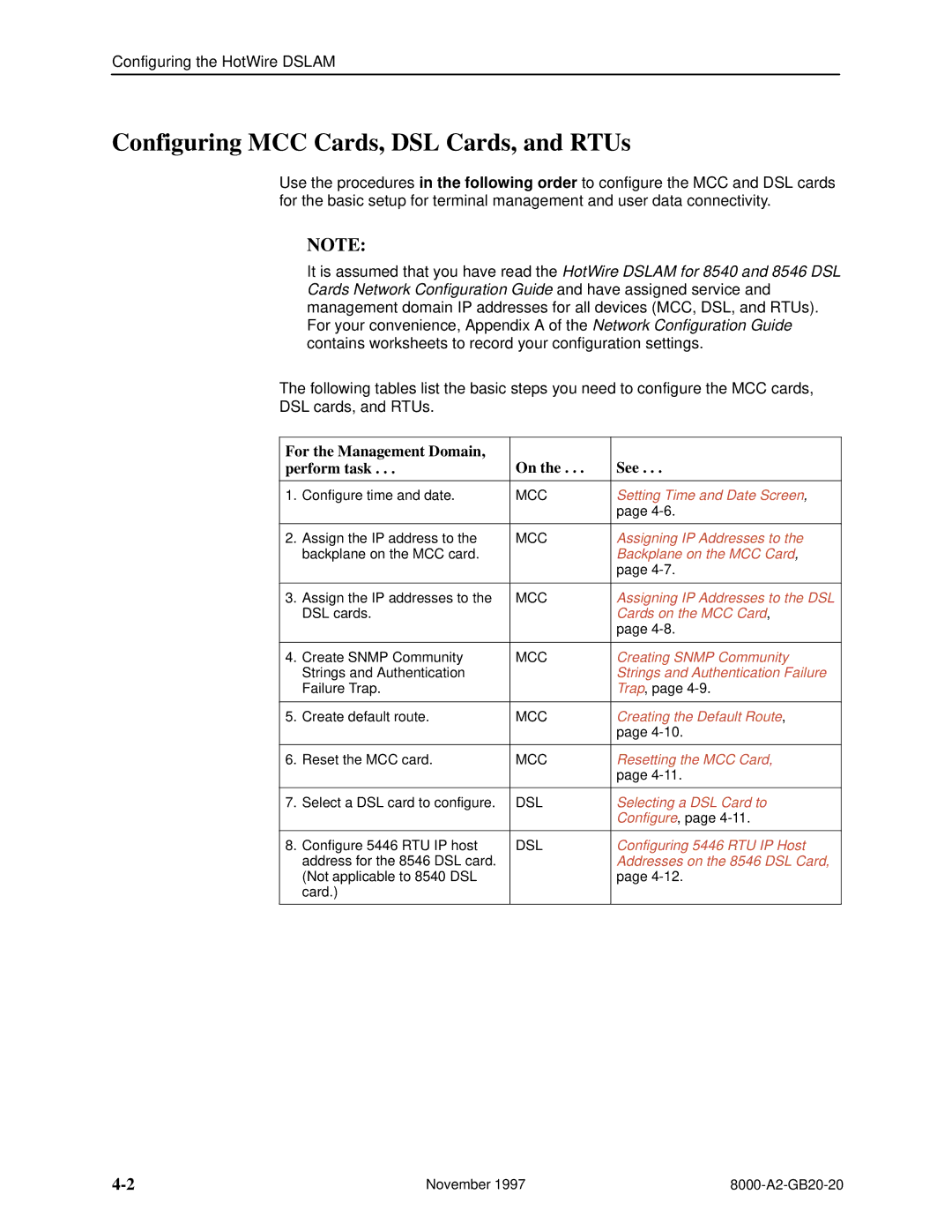 Paradyne 8546, 8540 manual Configuring MCC Cards, DSL Cards, and RTUs, For the Management Domain See Perform task 