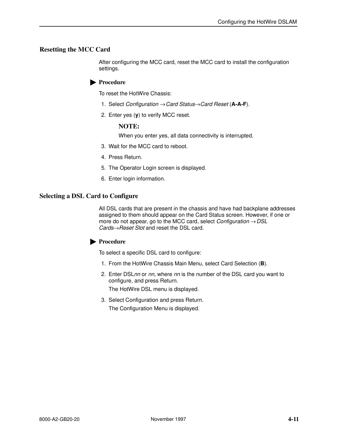 Paradyne 8540, 8546 manual Resetting the MCC Card, Selecting a DSL Card to Configure 