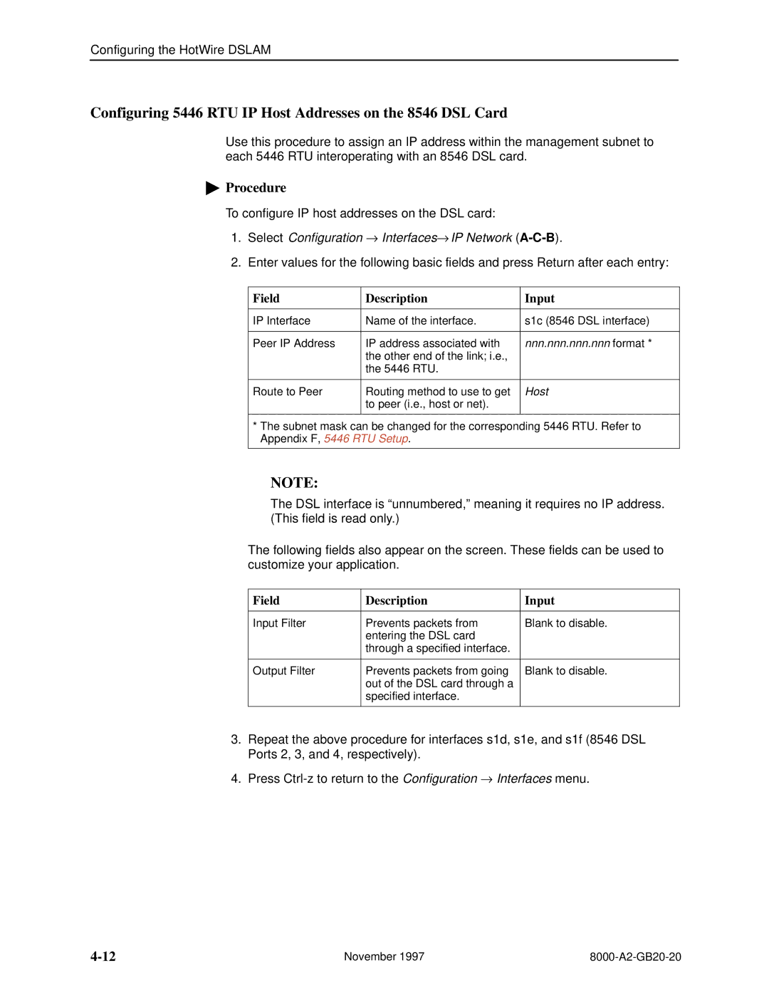 Paradyne 8540 manual Configuring 5446 RTU IP Host Addresses on the 8546 DSL Card 