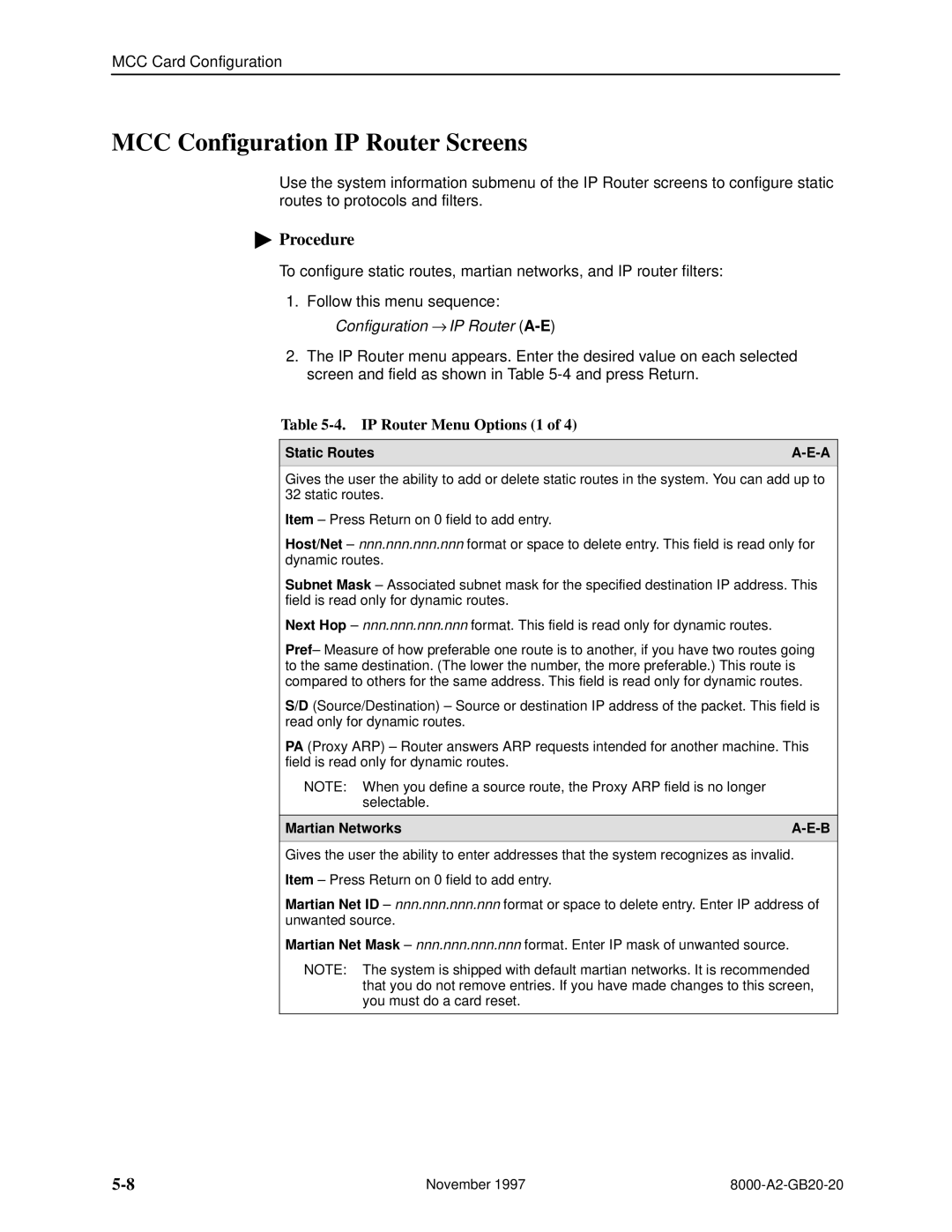 Paradyne 8546, 8540 manual MCC Configuration IP Router Screens, IP Router Menu Options 1, Static Routes, Martian Networks 