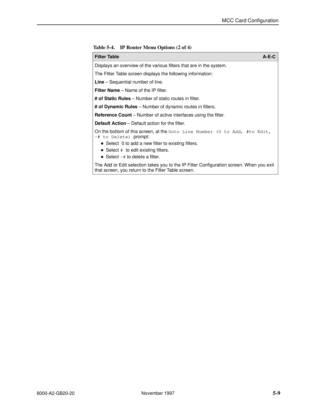 Paradyne 8540, 8546 manual IP Router Menu Options 2, Filter Table 