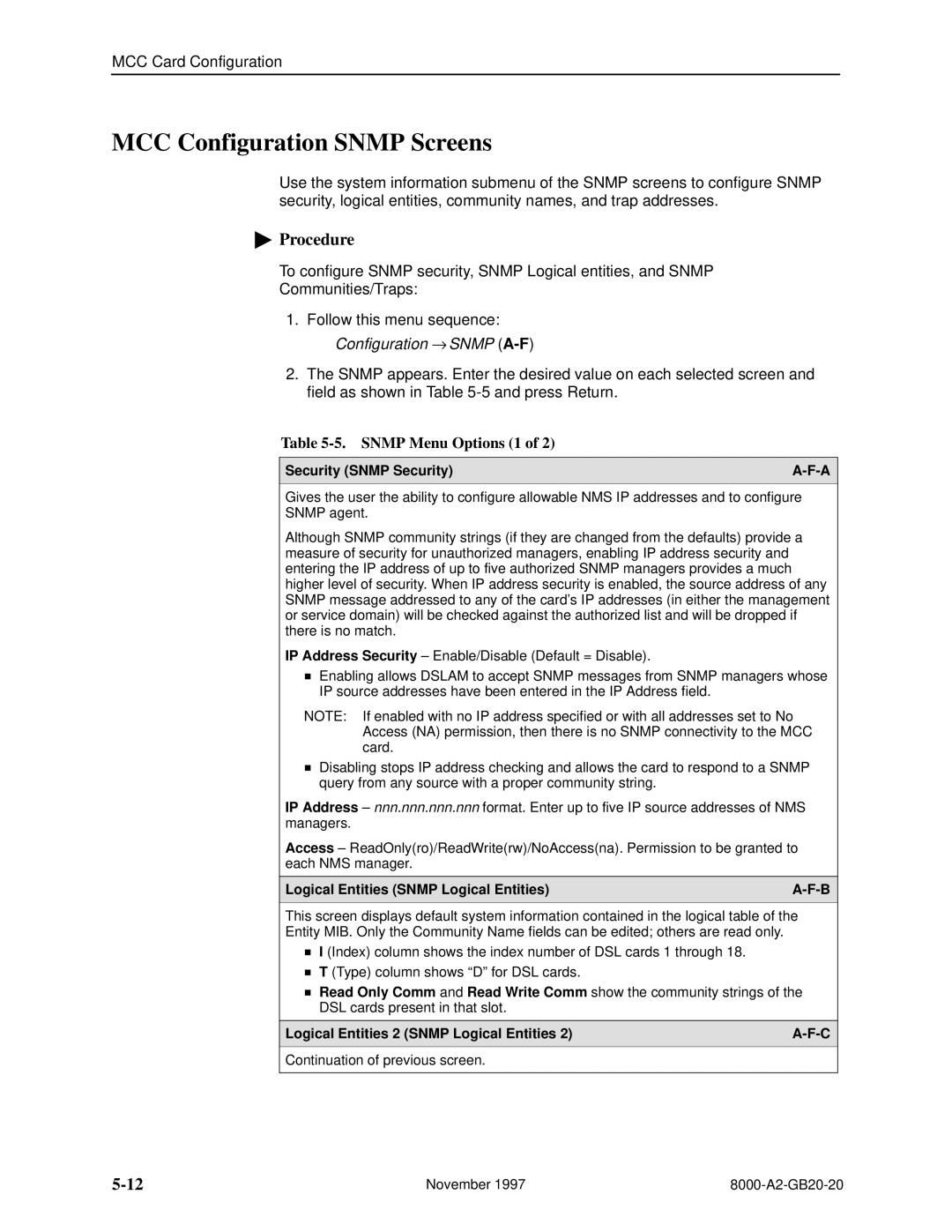 Paradyne 8546, 8540 manual MCC Configuration Snmp Screens, Snmp Menu Options 1, Security Snmp Security 