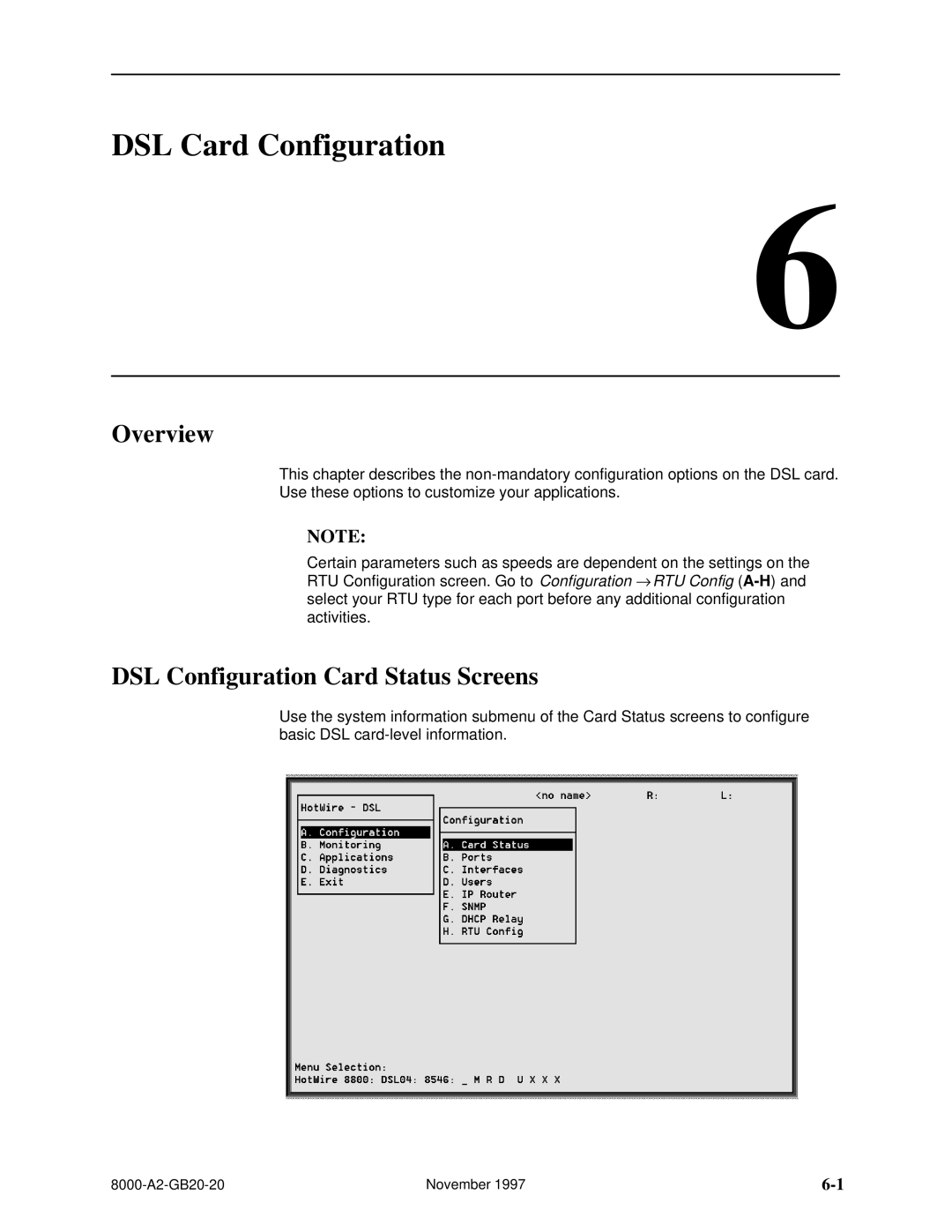 Paradyne 8540, 8546 manual DSL Card Configuration, DSL Configuration Card Status Screens 